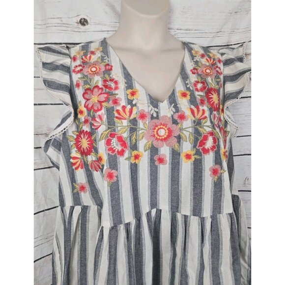 Savanna Jane Striped Embroidered Top 1X Ruffle Peplum Peasant Boho NEW Cotton - Picture 2 of 6